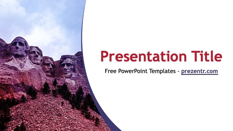 USA History PowerPoint Template cover slide featuring Mount Rushmore monument with red tinted overlay and curved design