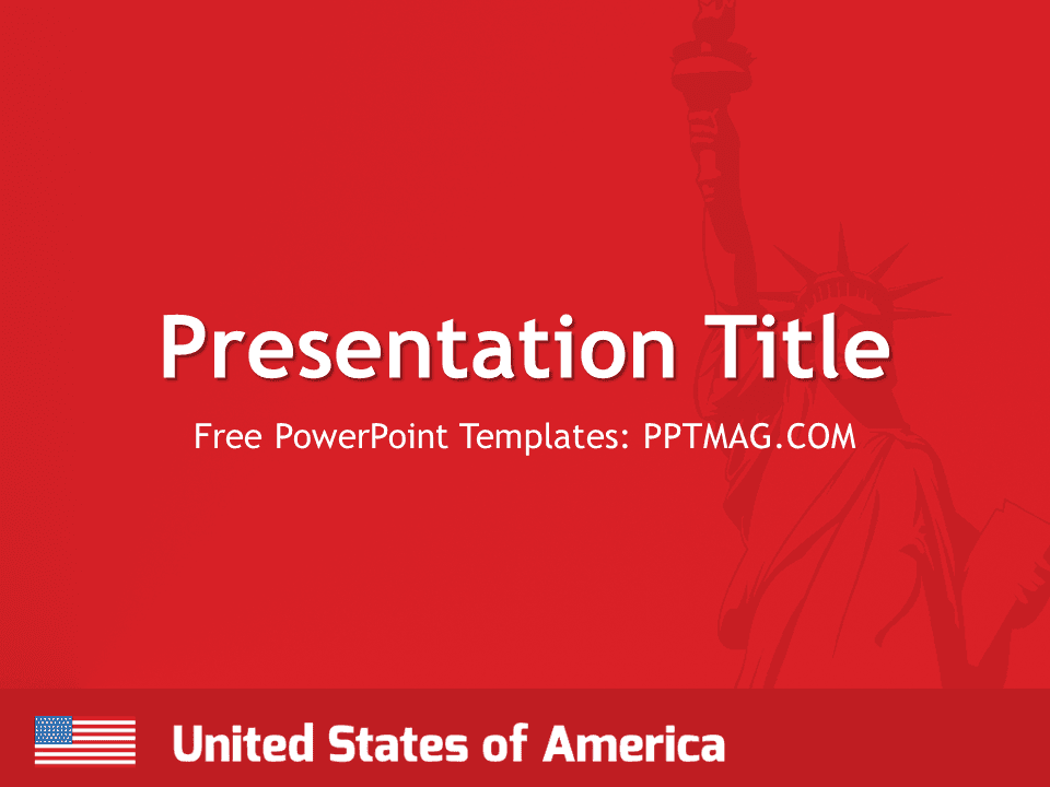 Red USA PowerPoint Template cover slide with Statue of Liberty watermark, white title text, and American flag icon at bottom