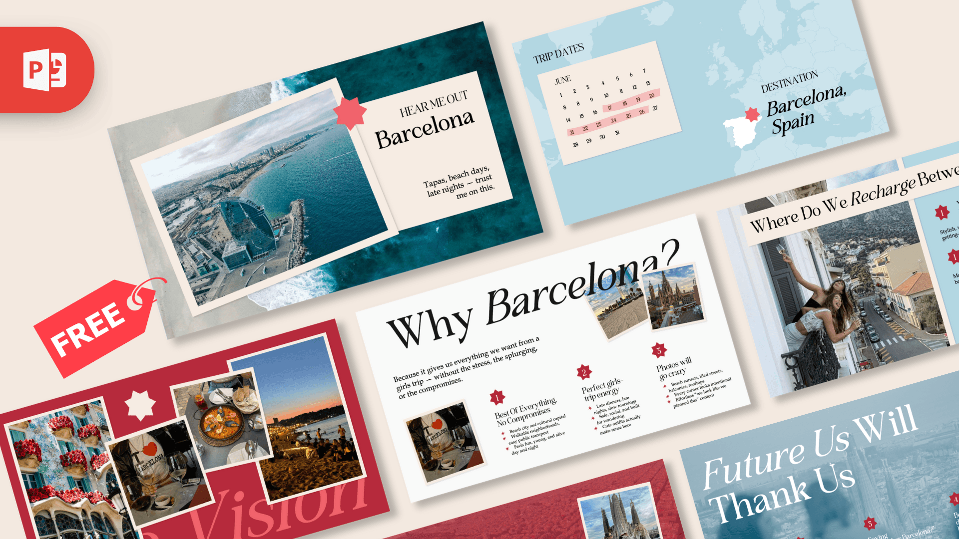Vacation PowerPoint Template cover slide with Barcelona travel photos, blue and red colors, map elements