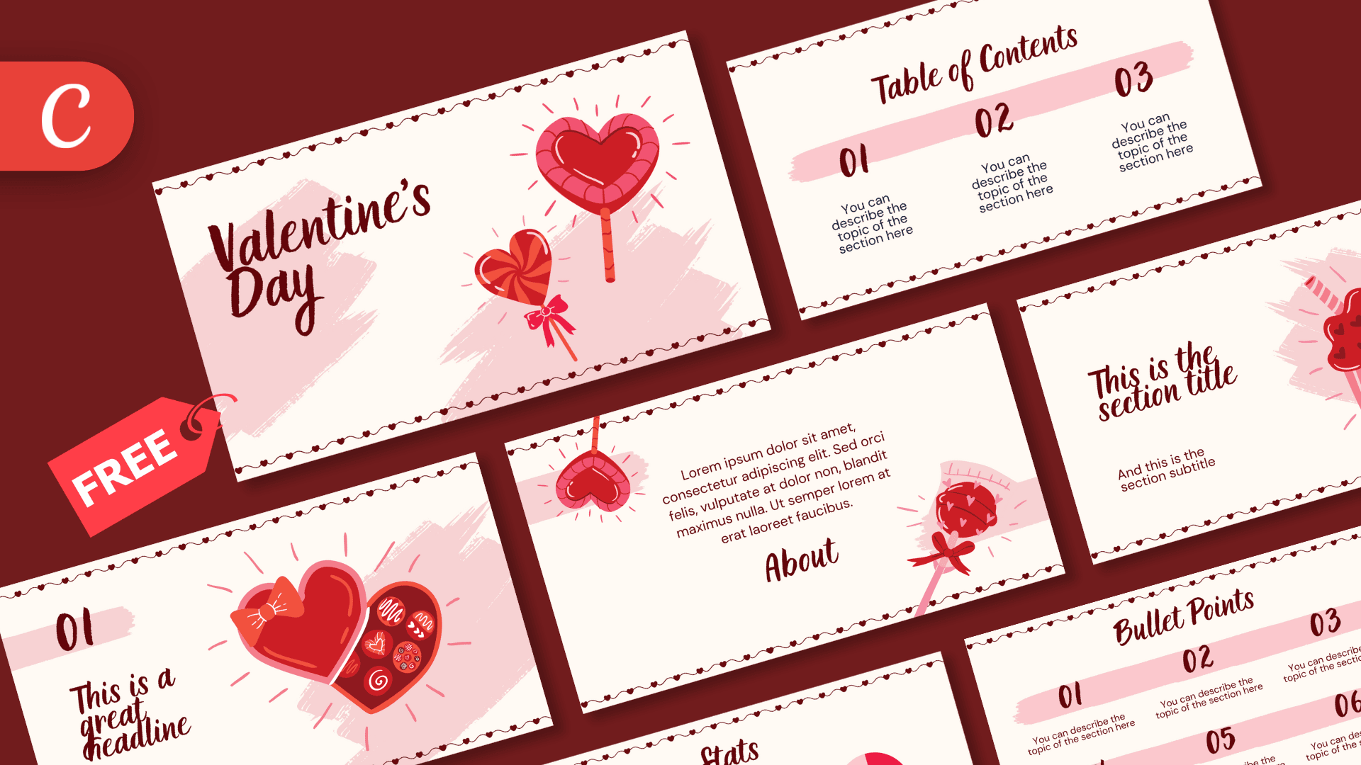 Valentine's Day Card and Presentation Template for Canva – preview of all slides