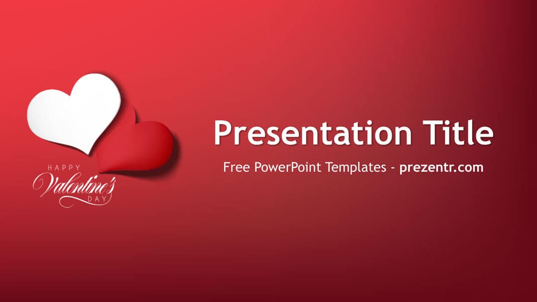 Valentine's Day PowerPoint template cover slide with red gradient background and white heart shapes