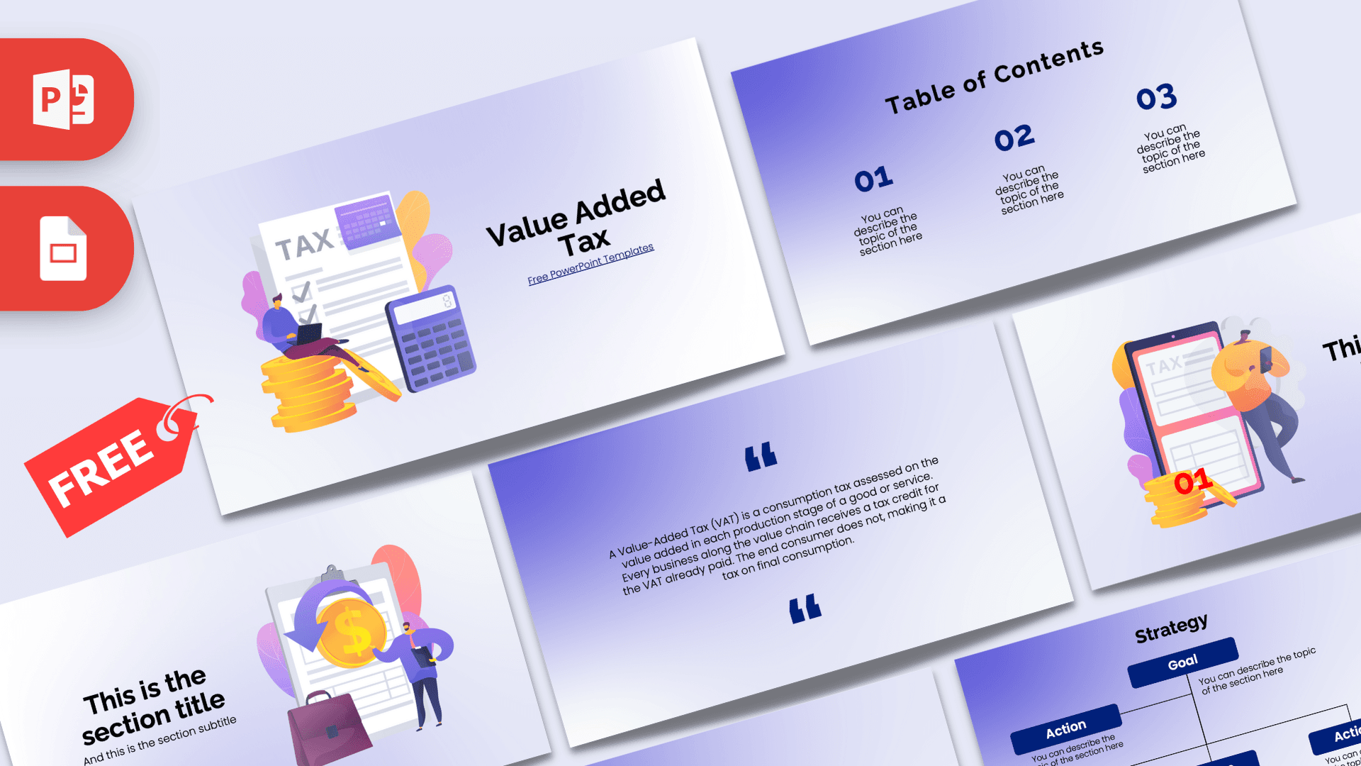 Value Added Tax PowerPoint template cover with purple gradient, tax illustrations, and calculator icon