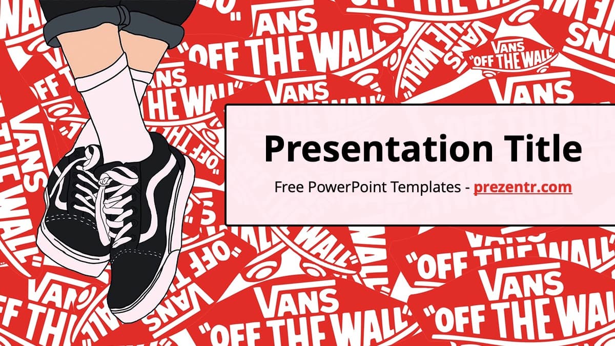 Vans PowerPoint Template cover slide with red background, white "Off the Wall" text pattern, and illustrated black and white