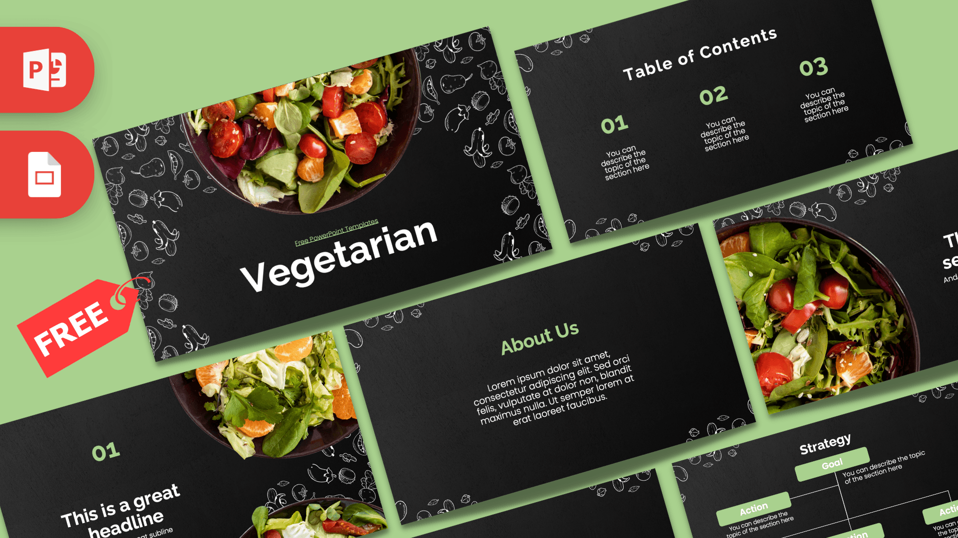 Vegetarian PowerPoint template cover slide featuring fresh salads on dark background with green accents
