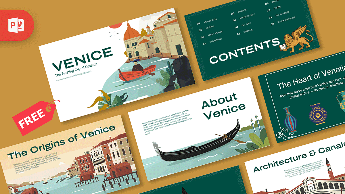 Venice PowerPoint Template cover slide featuring teal and coral colors with illustrated gondolas and architecture
