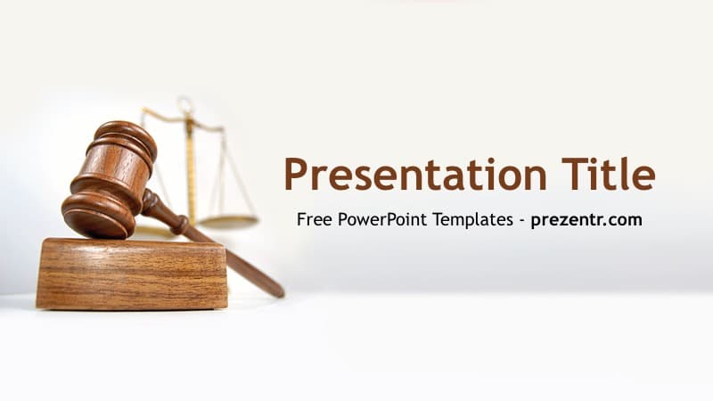 Verdict PowerPoint Template cover slide with wooden gavel, scales of justice, and brown legal theme