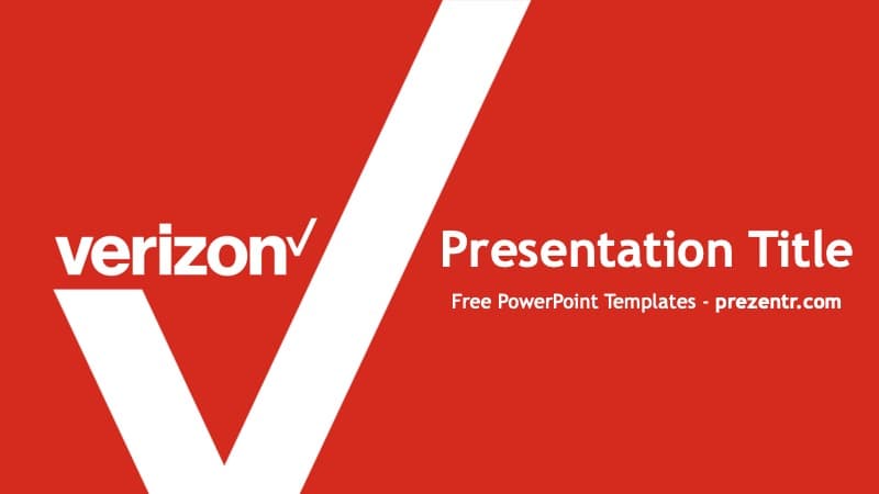 Verizon PowerPoint template cover slide with red background, white diagonal stripe, and Verizon checkmark logo on left side