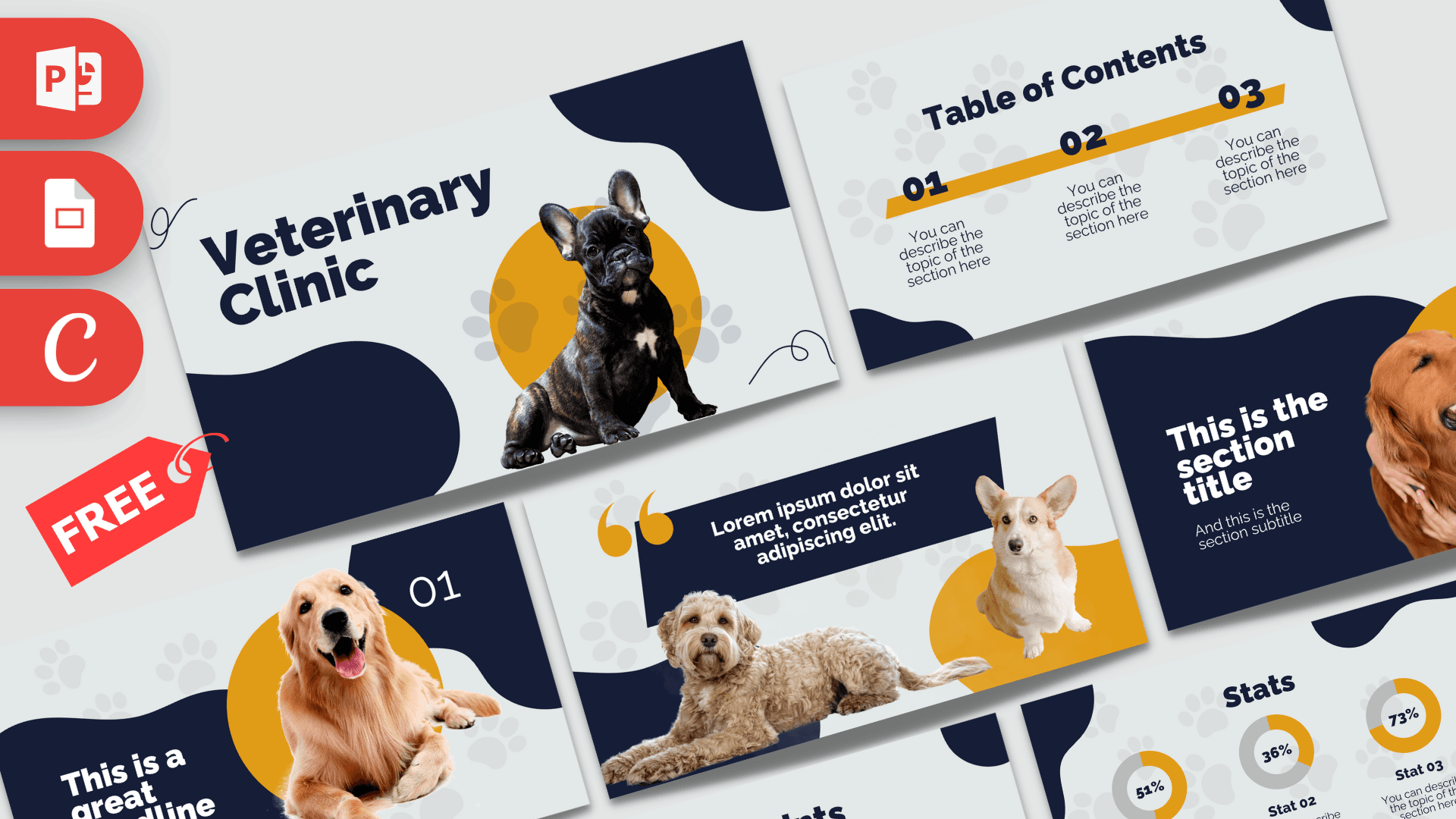Veterinary Clinic template cover with dogs, navy and gold colors, modern layout