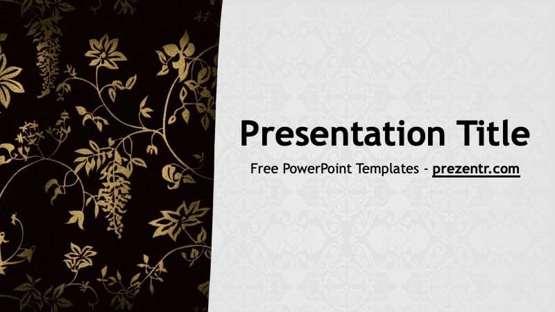 Victorian PowerPoint Template cover slide with gold botanical ornaments on black background