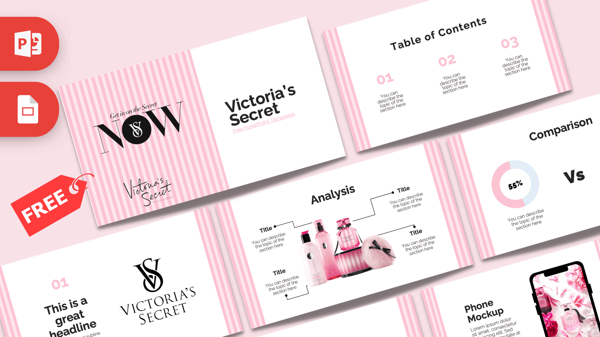 Victoria's Secret PowerPoint template with pink striped design and product showcase layout