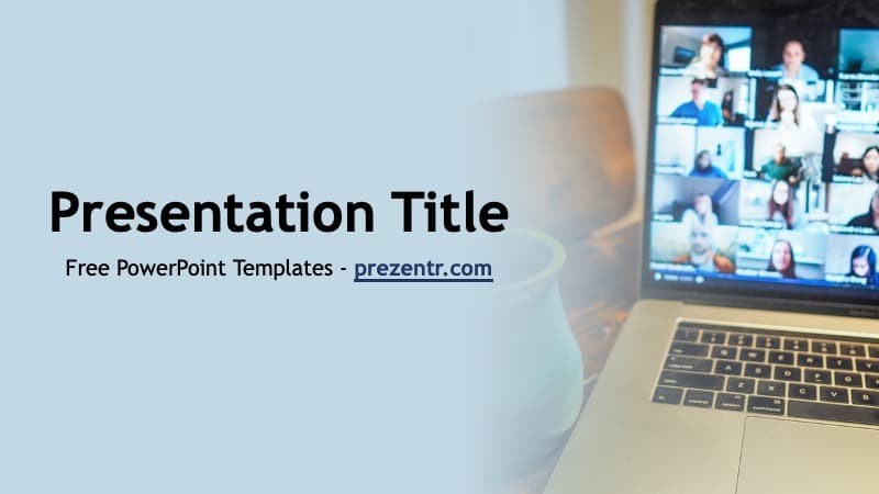 Video Conference PowerPoint Template cover slide with laptop displaying multiple participants and blue tones