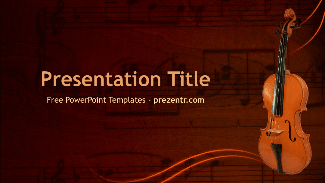 Violin PowerPoint Template cover slide with an acoustic violin on warm red background and decorative musical staff elements