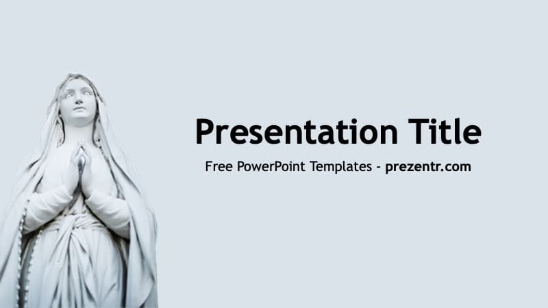Virgin Mary PowerPoint Template cover slide with serene statue on light blue background and centered black title text