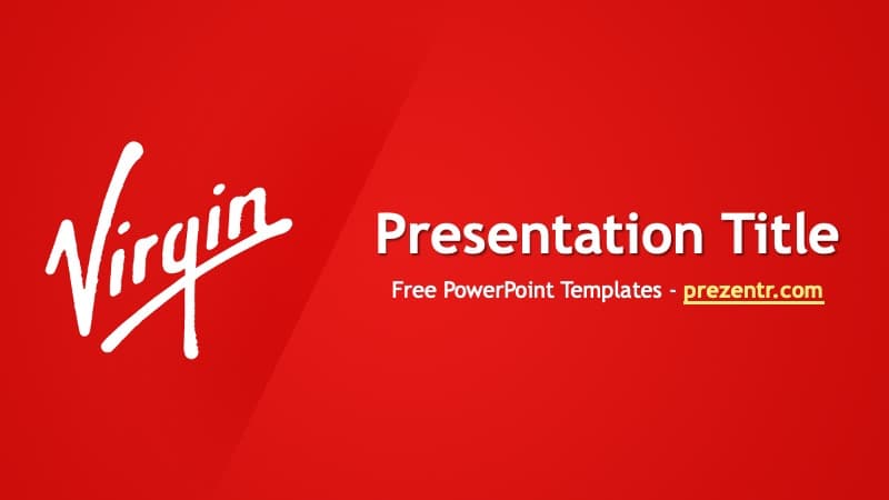 Virgin PowerPoint Template cover slide with red background, white Virgin logo, and presentation title text