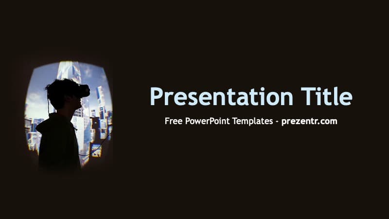 Virtual Art PowerPoint Template cover slide: silhouette figure viewing cityscape through oval window on dark background