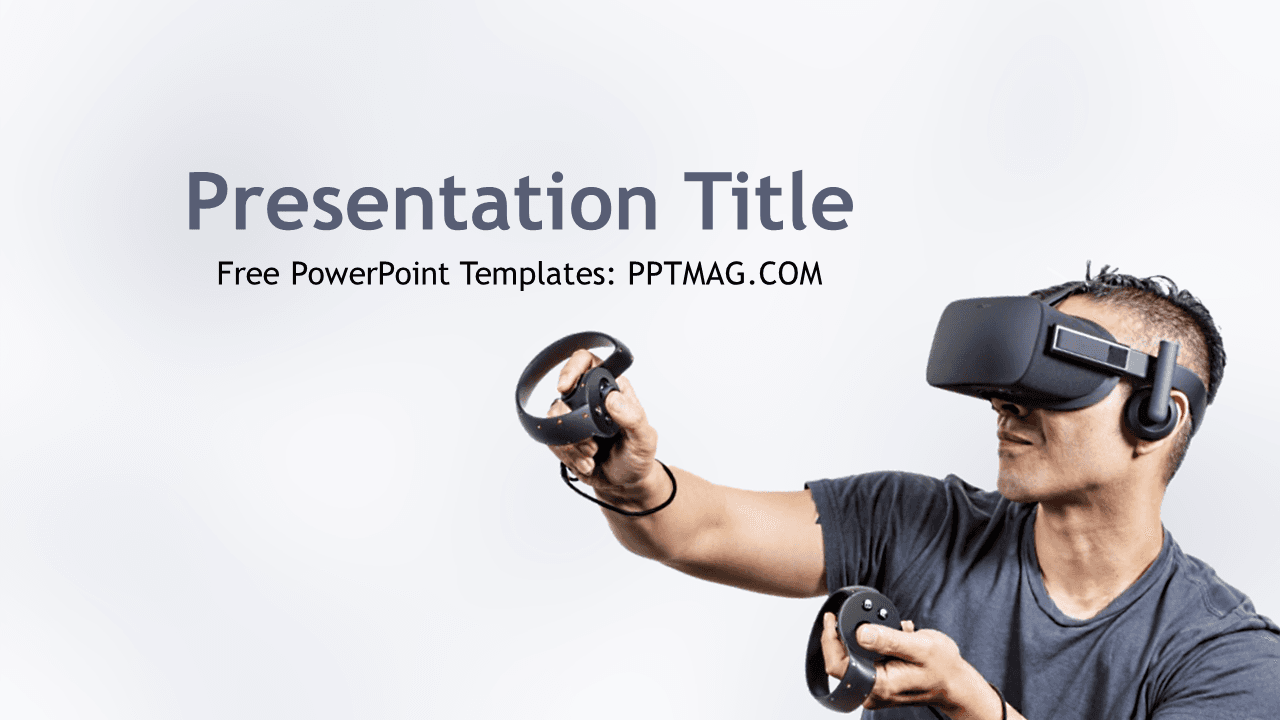 Virtual Reality PowerPoint Template cover slide featuring man in VR headset on light background