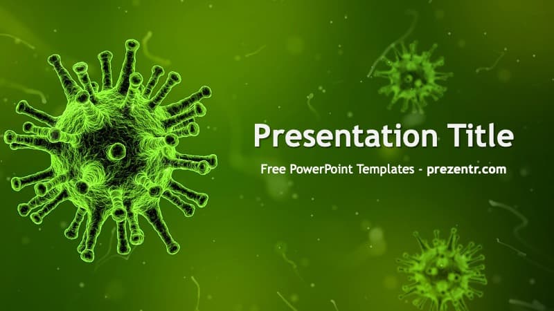 Green Virus PowerPoint Template cover slide with glowing virus particles on gradient background and centered white text