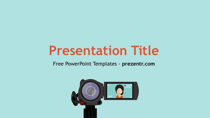 Vlogger PowerPoint Template cover slide with turquoise background, red title text, and camcorder illustration