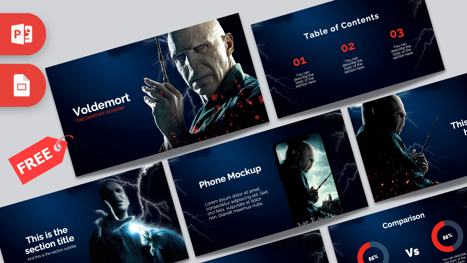 Voldemort PowerPoint template cover slide with dark blue background, red accents, and villain character imagery