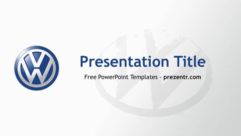 Volkswagen PowerPoint Template cover slide featuring blue VW logo and gray gradient background