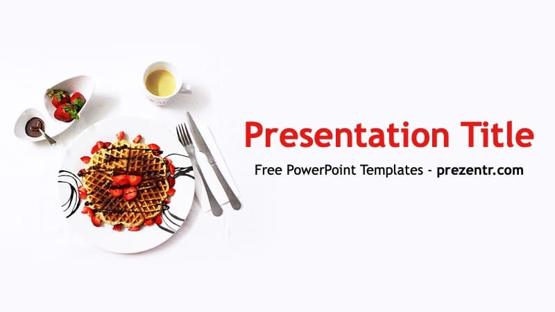 Waffles PowerPoint Template title slide with a plate of waffles topped with strawberries and chocolate on a white table