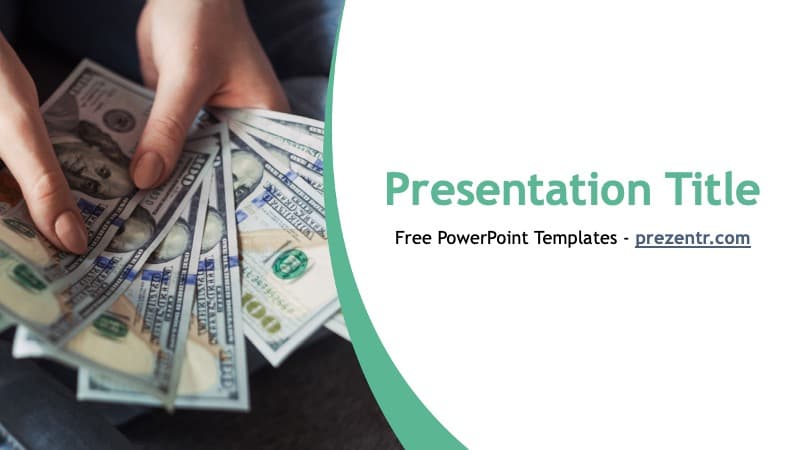 Hand holding fanned dollar bills on green curved Wages PowerPoint Template cover slide with white background