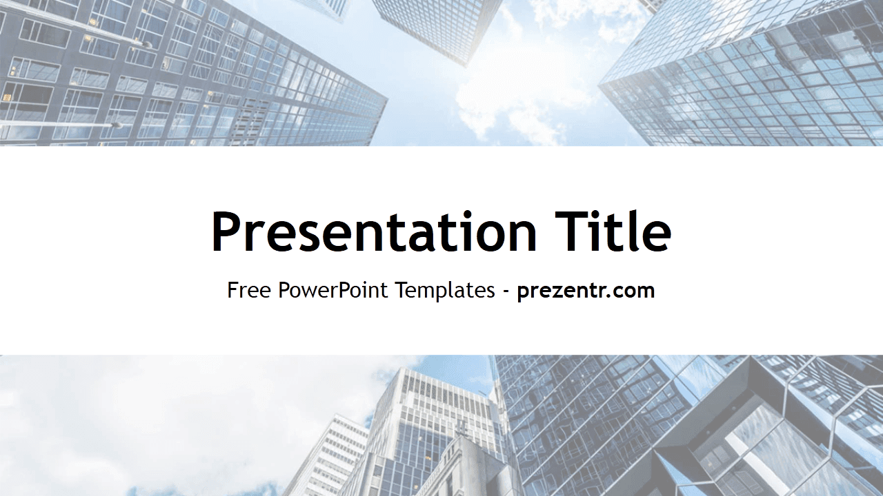 Wall Street PowerPoint template cover slide with modern skyscrapers and blue sky background