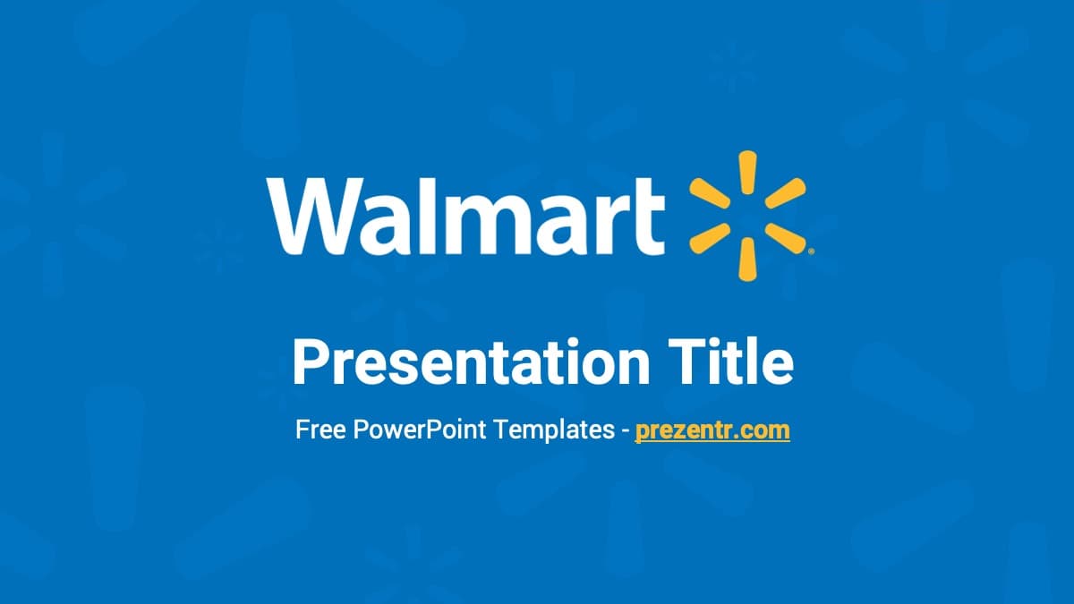 Walmart company PowerPoint template cover slide with blue background, white text, and yellow spark logo
