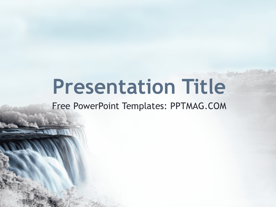 Waterfall PowerPoint Template cover slide with frozen waterfall and misty blue winter landscape