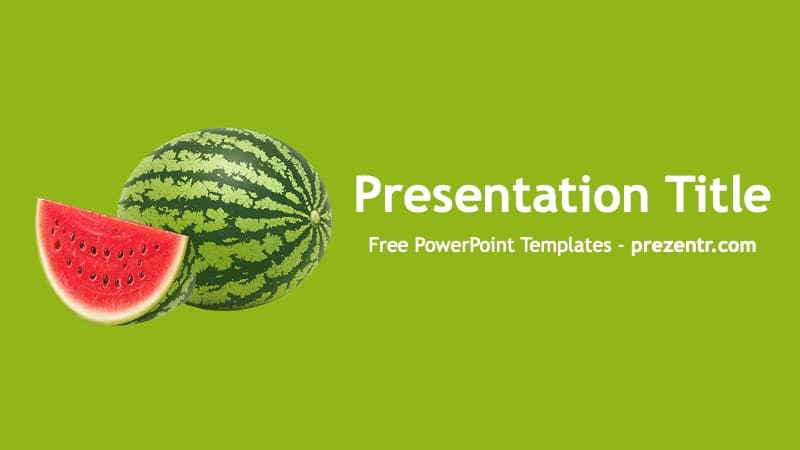 Watermelon PowerPoint Template cover slide with whole and sliced watermelon on lime green background