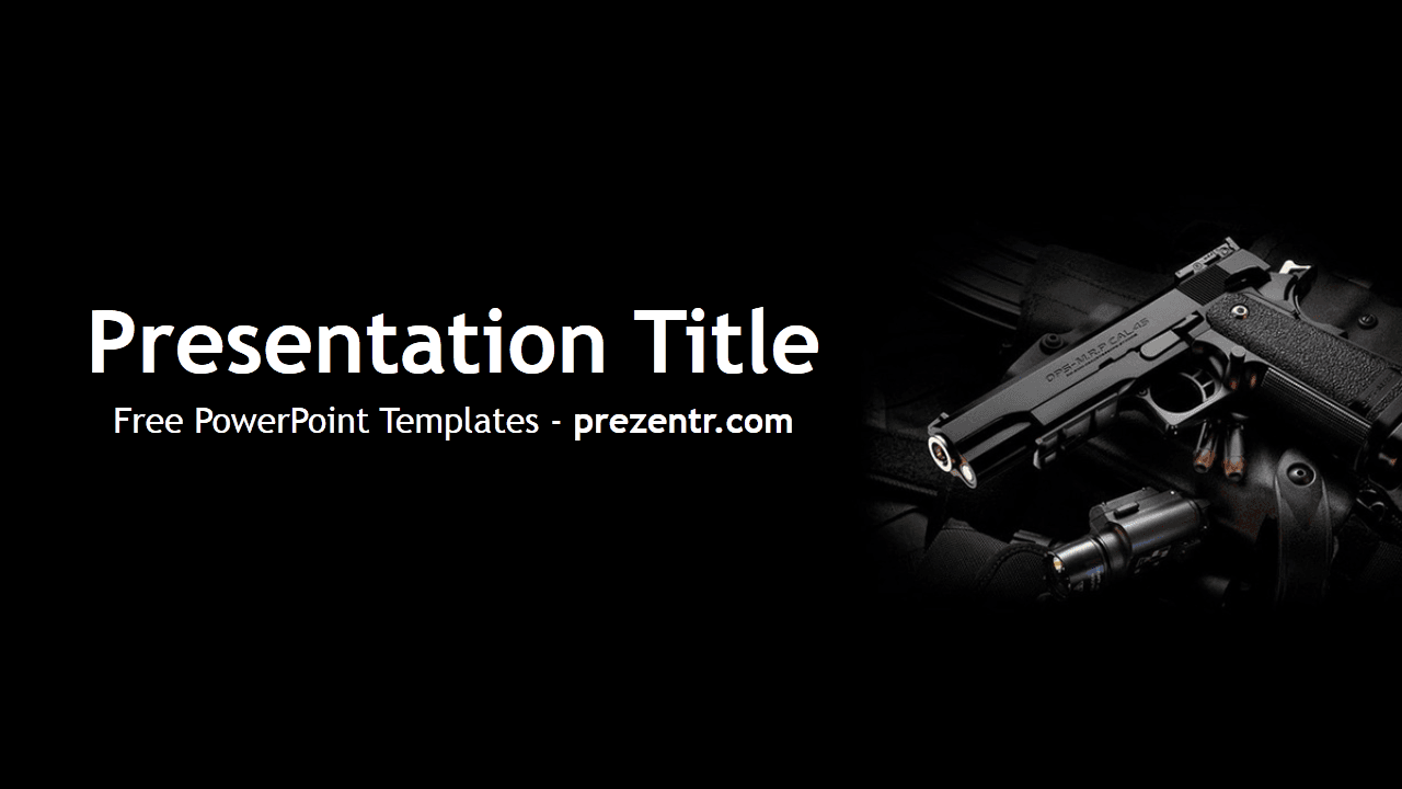 Weapon PowerPoint Template cover slide with black background and handgun with ammunition on right