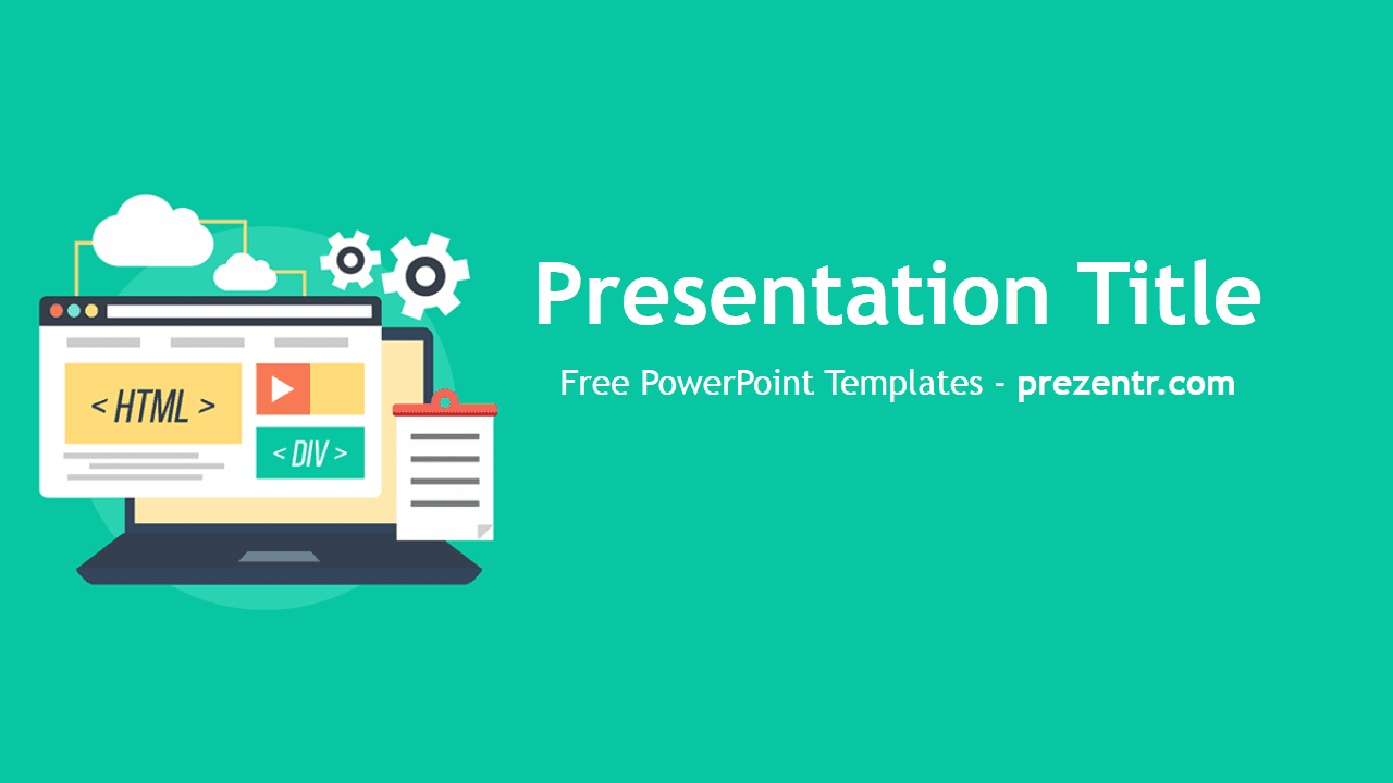 Web Development PowerPoint Template cover slide with turquoise background, computer monitor illustration, and HTML code