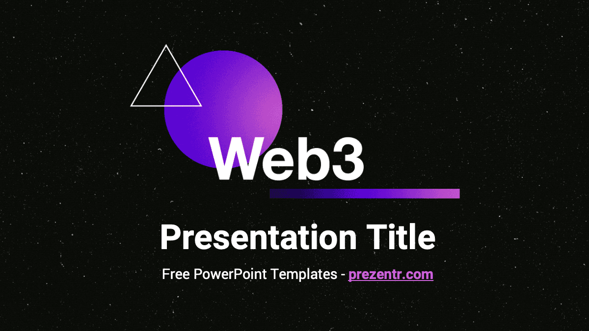 Web3 PowerPoint template cover slide with purple gradient circle, white triangle, and starry background