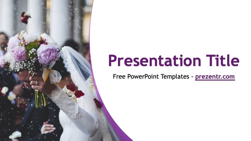 Wedding PowerPoint Template cover slide with bride holding purple flowers bouquet and white curved design layout