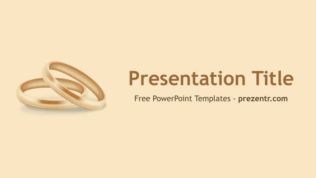 Wedding Rings PowerPoint Template cover slide featuring two gold bands on cream background with brown title text