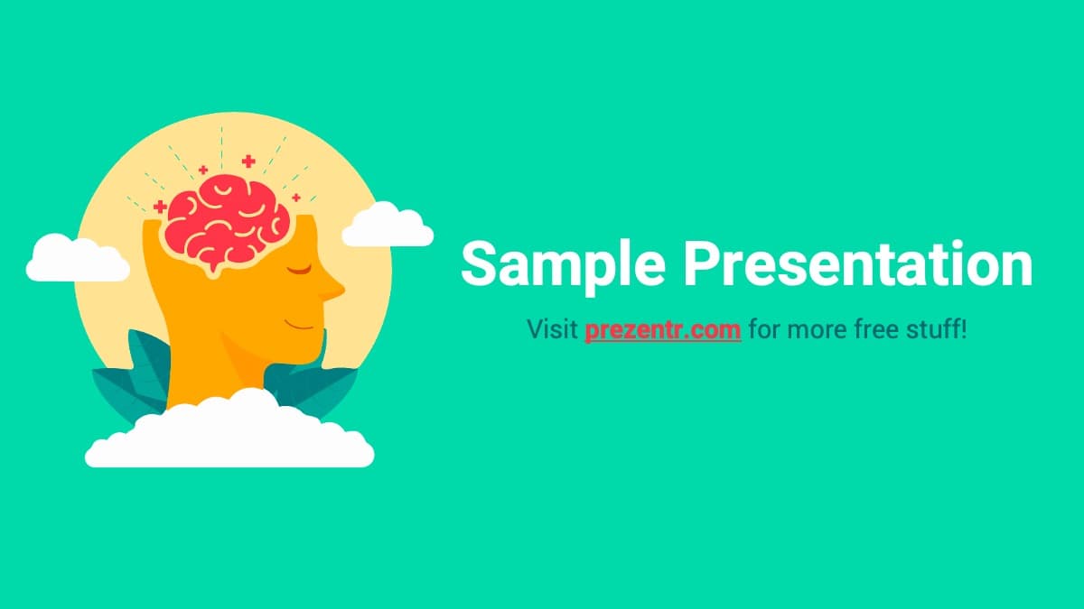 Well-being PowerPoint Template cover slide featuring an orange head profile with red brain icon and turquoise background