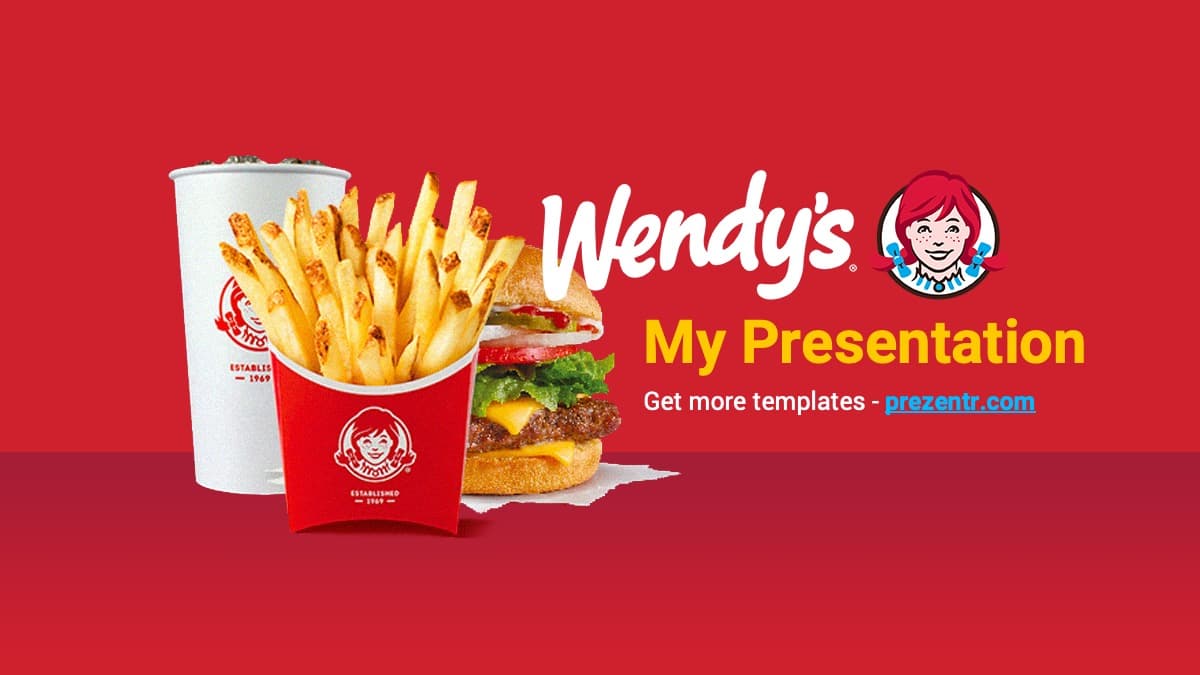 Wendy's PowerPoint template cover slide featuring red background with fries, drink, burger, and Wendy's logo with branding