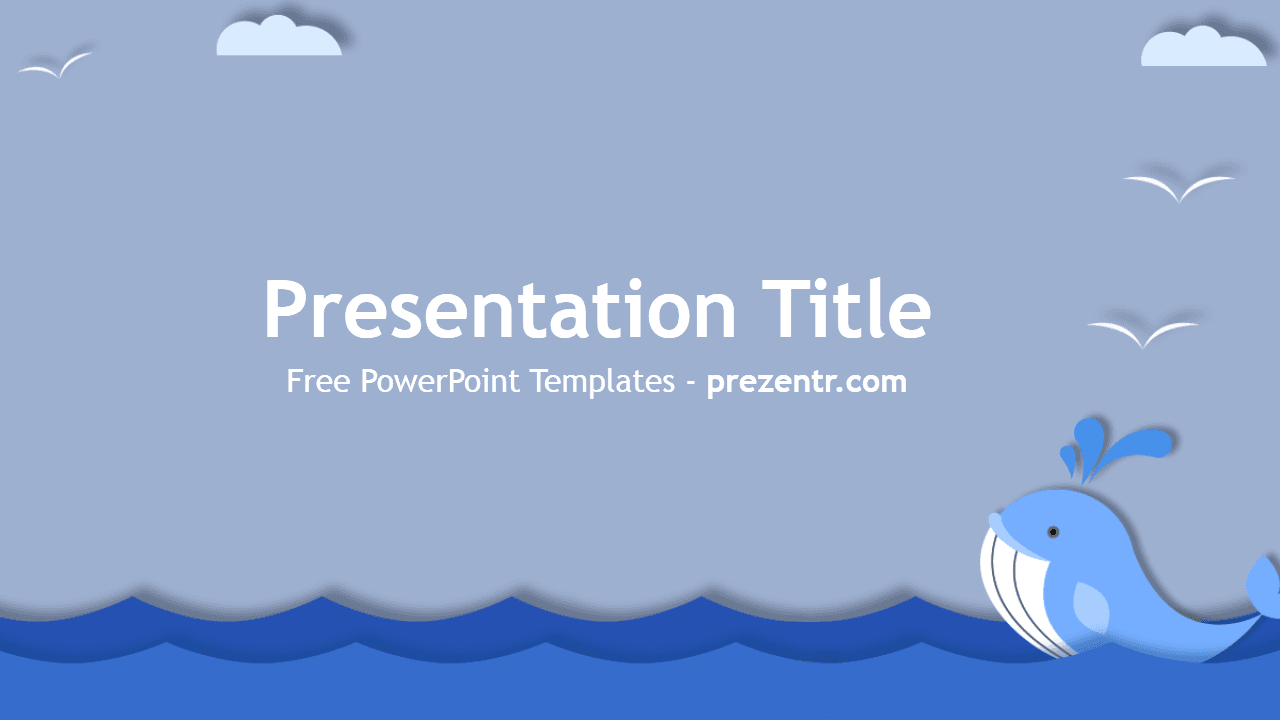 Whale PowerPoint Template cover slide with blue whale illustration, sky clouds, and ocean waves on gradient blue background