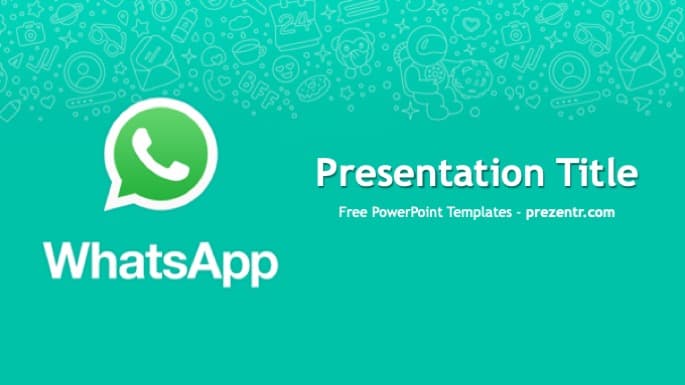 WhatsApp PowerPoint template cover slide with green background, white logo, and teal messaging icons pattern