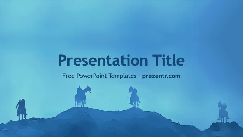 White Walkers PowerPoint template cover slide with blue gradient background and silhouetted figures on horseback on a