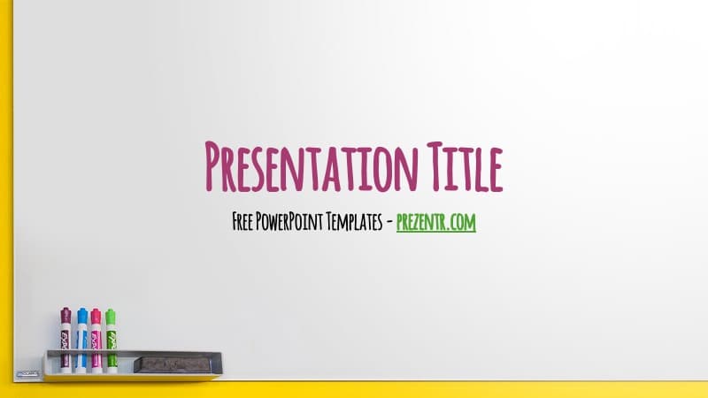 Whiteboard PowerPoint template cover slide with colorful markers and yellow border accent