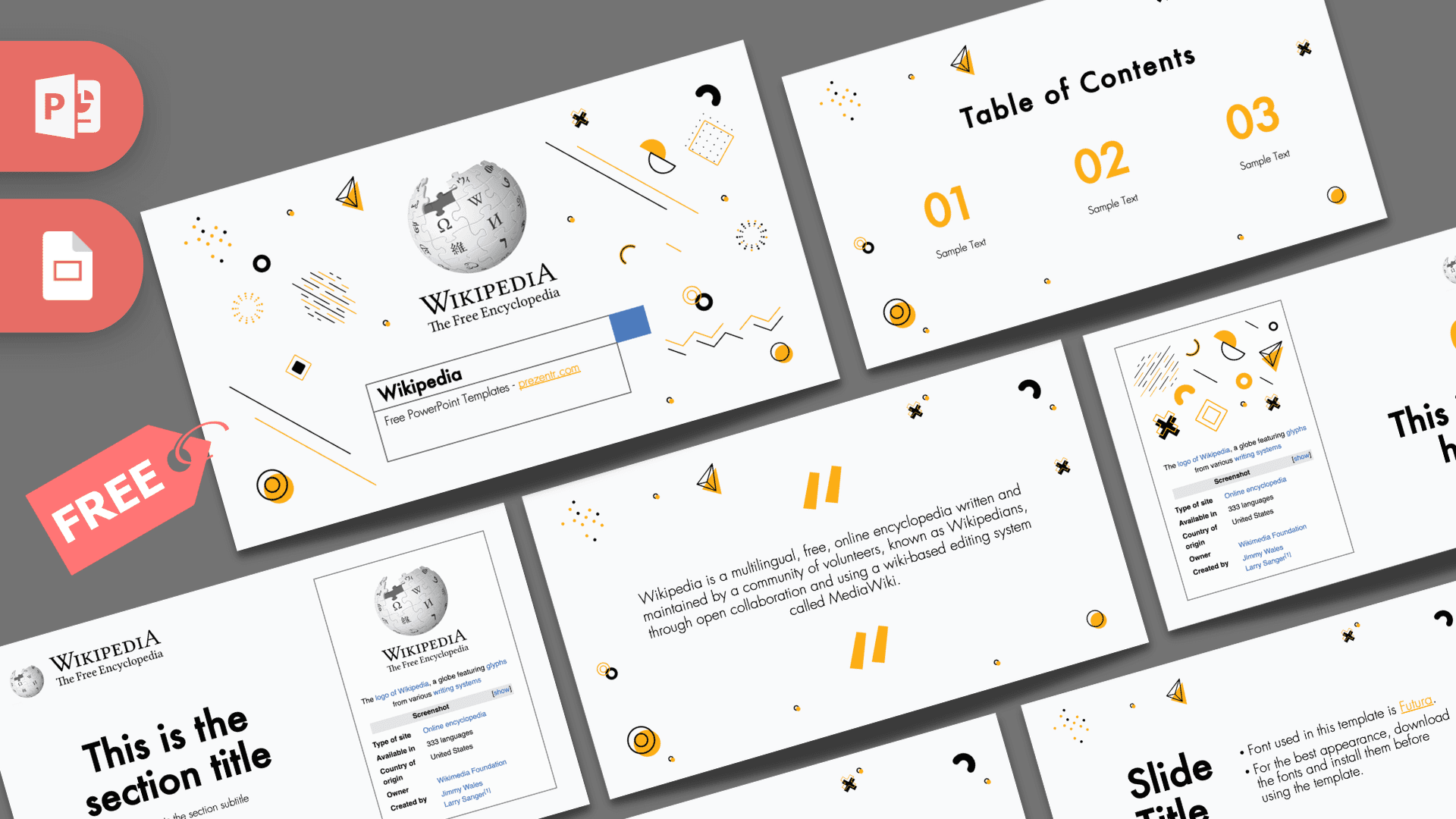 Wikipedia PowerPoint Template cover slide with yellow accents, globe icon, and minimalist design layout