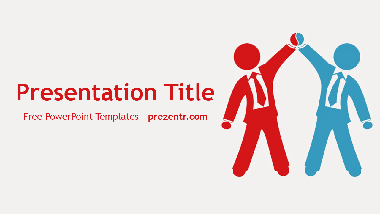 Win-win PowerPoint Template cover slide with red and blue businessmen figures celebrating partnership