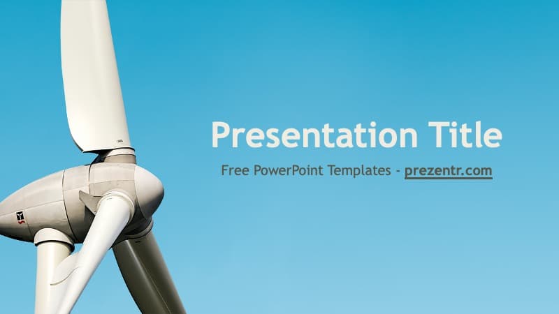 Wind turbine against blue sky on the Wind Turbine PowerPoint Template cover slide with title and website text