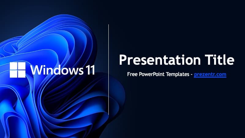 Windows 11 PowerPoint template cover slide with blue abstract swirls and dark background