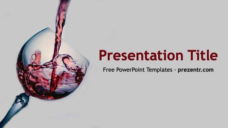 Wine PowerPoint Template cover slide with red wine pouring into glass on gray background