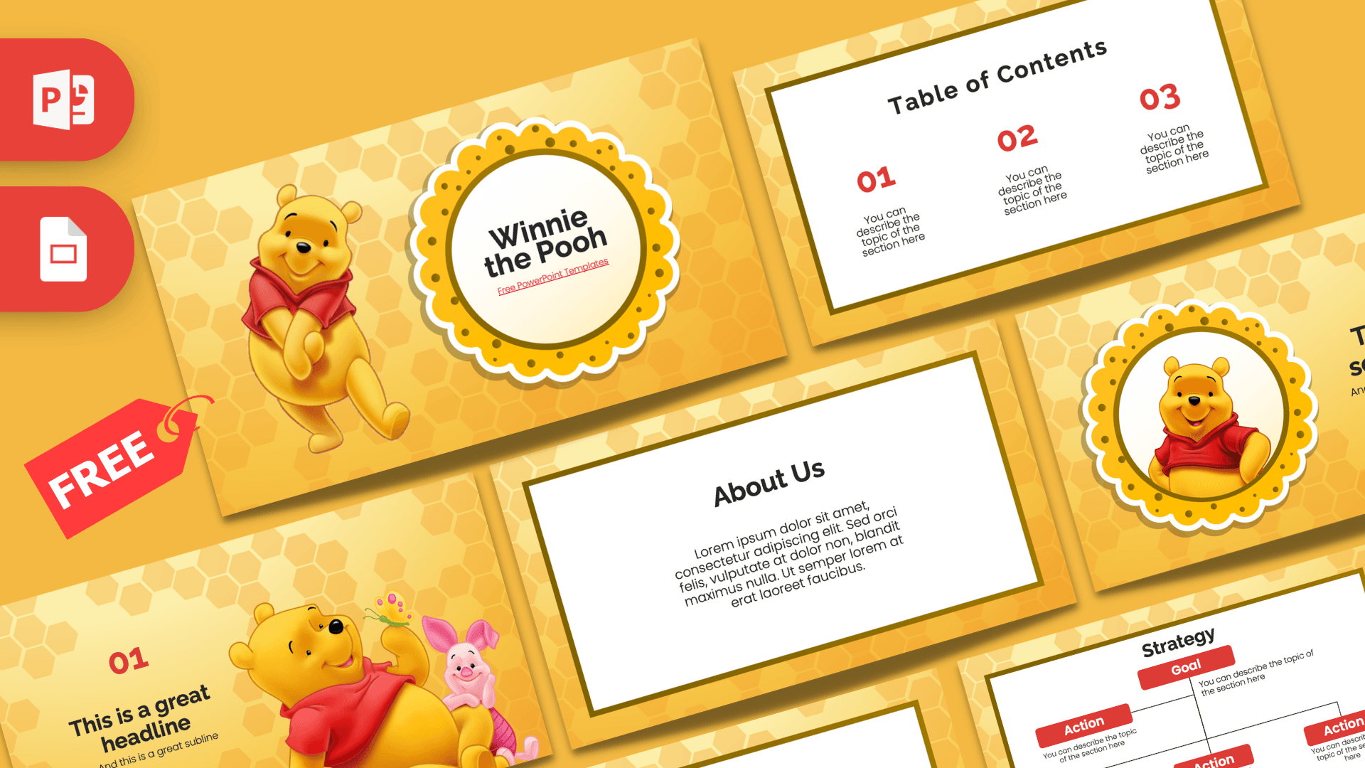 Winnie the Pooh PowerPoint template cover with yellow honeycomb background and character illustrations
