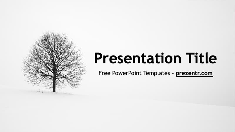 Winter PowerPoint Template cover slide with bare tree and minimalist gray background layout
