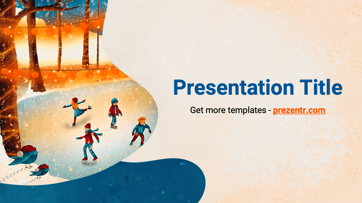 Winter Theme PowerPoint Template cover slide with children ice skating and warm orange-blue color palette