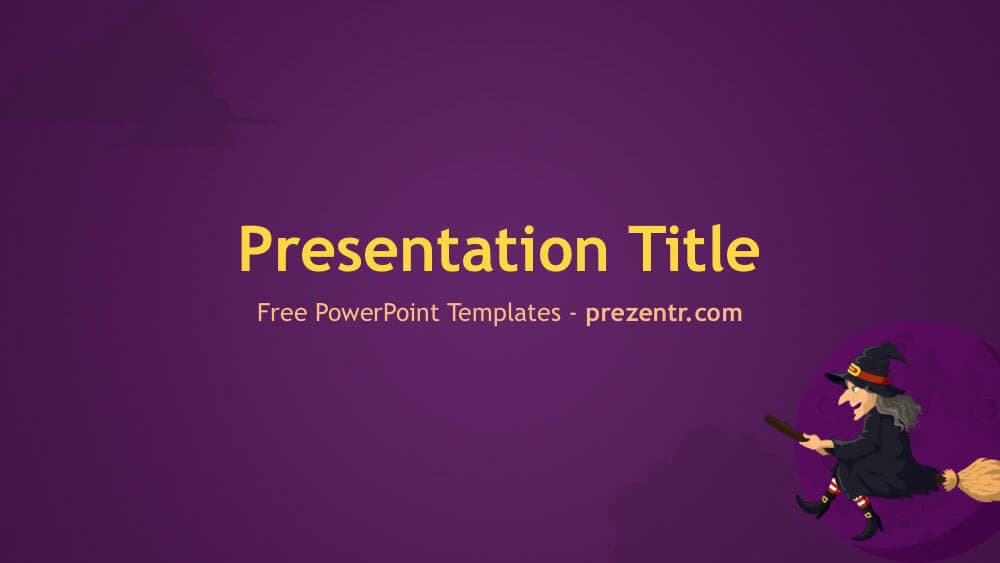Witch PowerPoint Template cover slide with purple background and cartoon witch character flying on broomstick